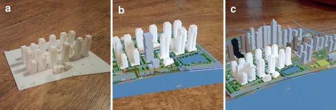 Three photographs. a. 3 D buildings are printed on paper. b. Physical models are placed on the G I S. c. Physical models along with augmented models are displayed on the G I S.