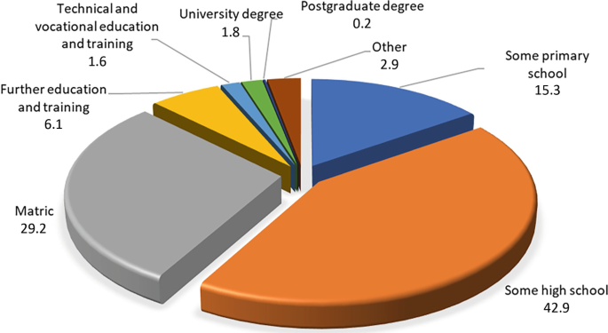 A pie chart with eight sections depicts the percentages of eight education levels. Some high school has the highest education level of 42.9 percent, while postgraduate degree has the lowest education level of 0.2 percent.