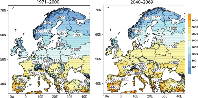 Two maps of Europe are ,marked with the average sum of growing degree days for the period from 1971 to 2000 and also, projected for the period from 2040 to 2069.