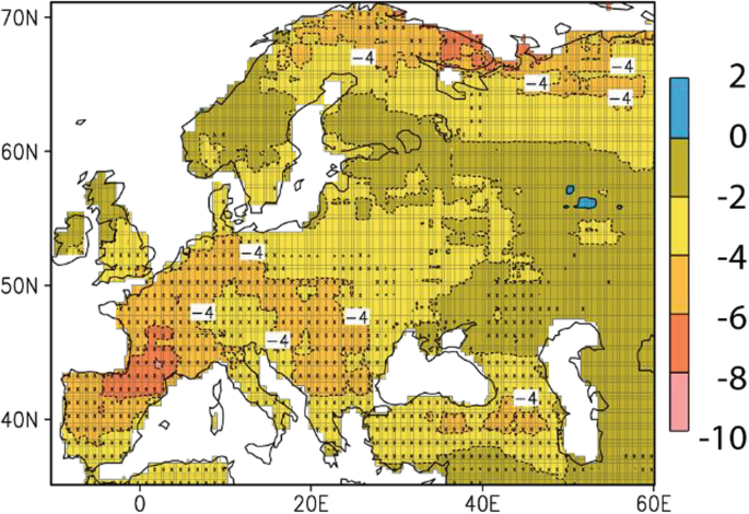 A map of Europe marked with the changes in the soil moisture. A large part of Europe is marked with negative 4.