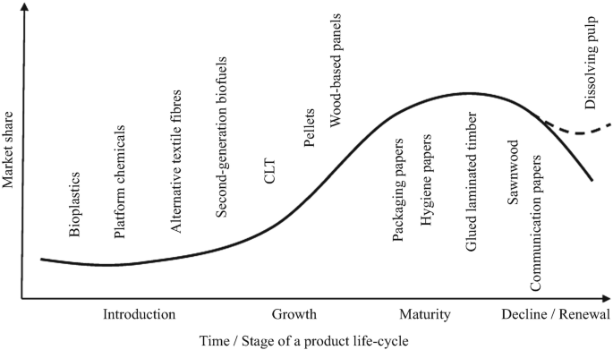 A product life cycle is presented, starting from introduction, then gradual growth, then a peak at maturity, followed by a decline. The products are marked at each of the stages.