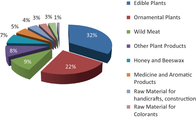 An exploded pie chart depicts Global N W F Ps and their value in percent. The data presented are edible plants, 32, ornamental plants, 22, wild meat, 9, other plant products, 8, honey and beeswax, 7, medicine and aromatic products, 5, raw material for handicrafts, construction, 4, Raw material for Colorants, 3, and Others, 4.