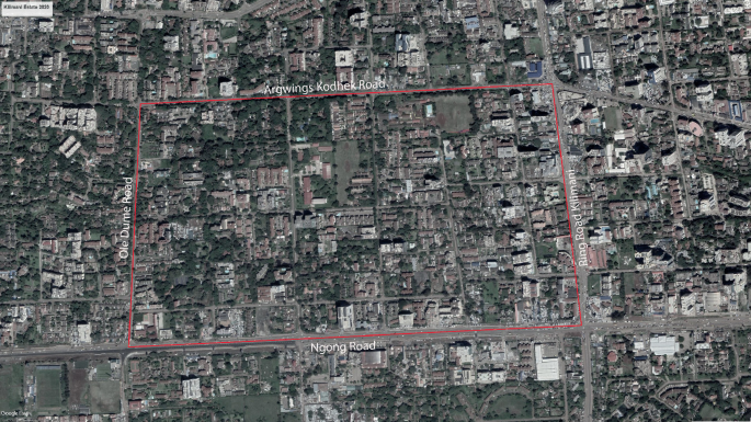 A satellite view of Kilimani depicts a rectangular area of settlements bounded by Argwings Kodhek road at the top, Ole Dume road to the left, Ngong road to the bottom, and the Kilimani ring road to the right.