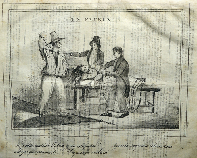 A sketch of a woman lying on a bench surrounded and touched by 3 men with her leg chained. Some text is written in a foreign language.