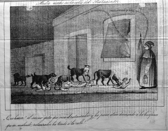 A sketch of stray dogs that bite and eat naked toddlers lying in the streets. A person stands and witnesses the scene. Some text is written in a foreign language.