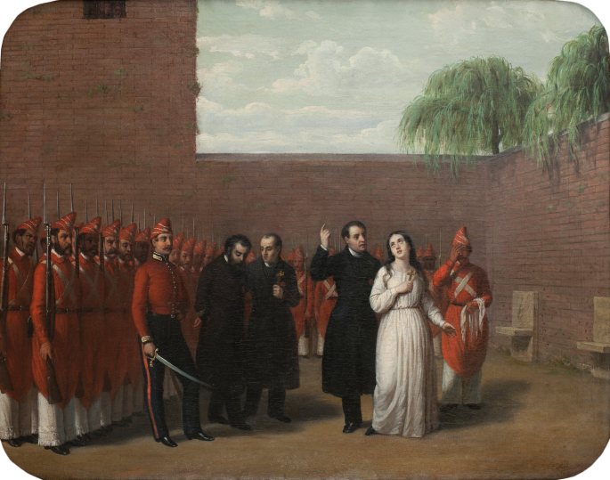 A sketch of a woman who stands with 3 men including the governor and a group of soldiers with weapons. One of the soldiers has a sword in hand and the other covers his face to avoid witnessing the cruelty.