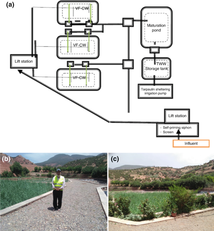 An image a with schematic layout with 3 V F-C W on the front and a series of maturation pond, storage tank and pump at the back with a lift station at front and bottom. Figure b a man standing beside the plant. Figure c an area with trees and plants.