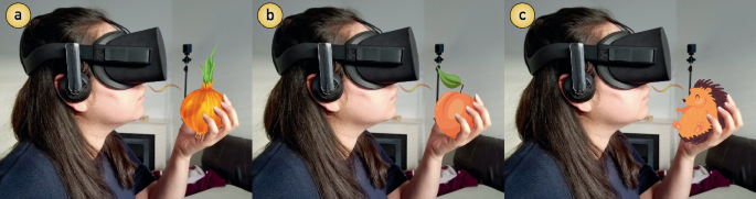 Three photographs of a woman wearing a virtual reality-like headset that perceives she is holding an onion, an orange, and a hedgehog.