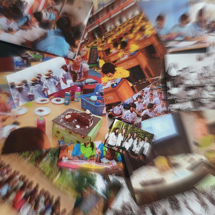 An image depicts a collage of pictures, the majority of which are of students in the classroom or engaged in some activity.