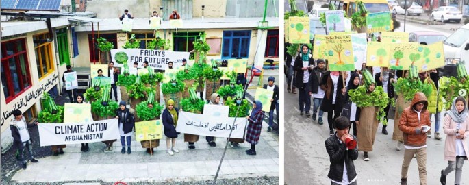 Two photographs of people marching through the streets while carrying banners and wearing green plants around their necks.
