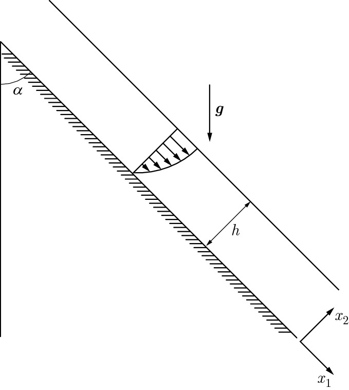 The two-dimensional structure depicts the flow on an inclined plane at an angle of alpha to the vertical line.
