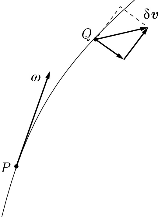 The structure depicts the portion of a vortex line with two neighboring points P and Q on a vortex line along with vorticity vector and relative velocity respectively.