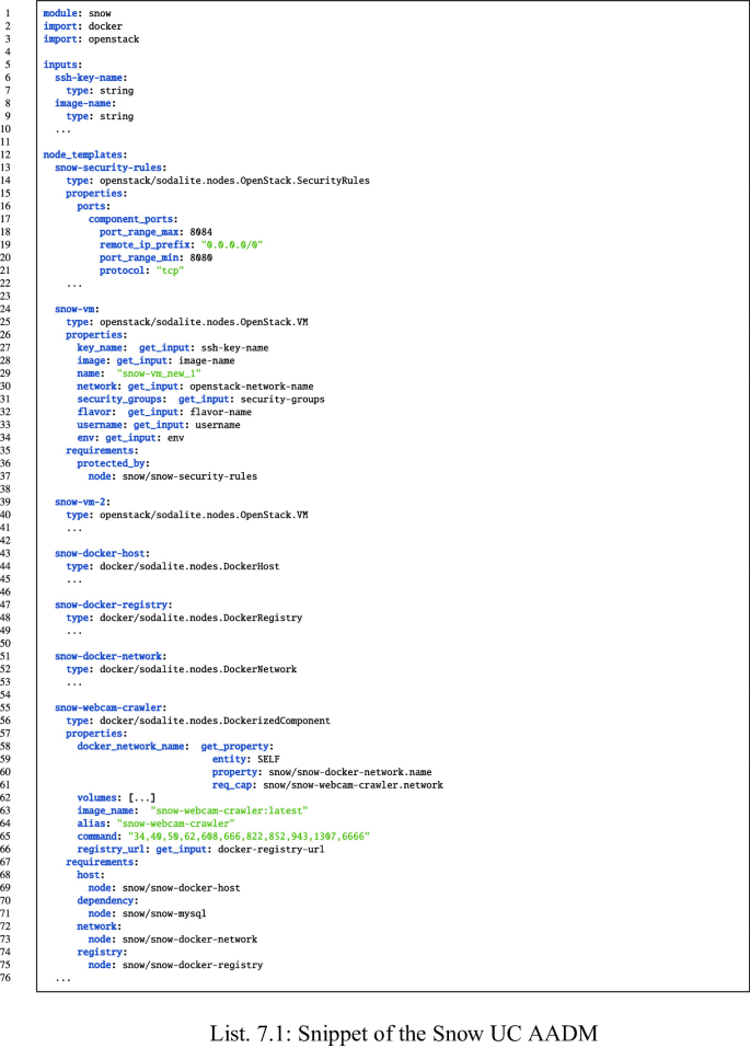 The Snow U C A A D M. The functions are module, import, inputs, ssh key name, type, image name, type, node templates, snow security rules, type, properties, component ports, port range max, remote ip prefix, port range min, protocol, snow vm, type, properties, key name, get input, image, get input, name, network, security groups, etcetera.