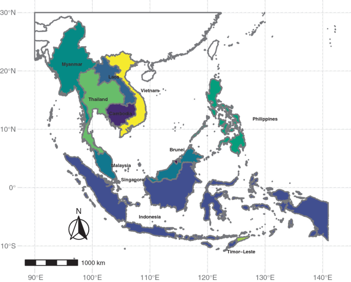 A map of Southeast Asia highlighting Brunei and its neighboring countries. Myanmar, Thailand, Vietnam, Laos, and Cambodia are on the top left; Malaysia and Singapore on the left; Indonesia on the bottom left, Brunei near the center; the Philippines on the right; and Timor-Leste on the bottom right.