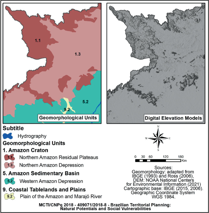 Geomorphological units of Northern Amazon Residential Plateaus and its surrounding are shown. Northern Amazon Residential Plateaus are marked dark red. Northern Amazon depressions are marked as pink. Western Amazon depressions are marked blue. The plain of amazon is marked as yellow. The second picture depicts digital elevation models of the same.