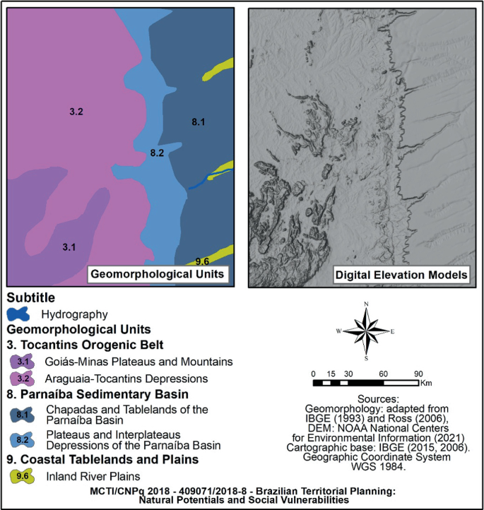 Geomorphological units of the Chapadas and Tablelands of the Paraníba Basin and its surroundings are shown. The purple colour depicts Tocantins organic belt. The blue colour represents Parnaiba sedimentary basin. The yellow colour depicts Coastal tablelands and plains. The digital elevation model is also shown.