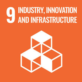 Clipart titled 9, industry, innovation, and infrastructure. There are three cubes arranged beneath the text.