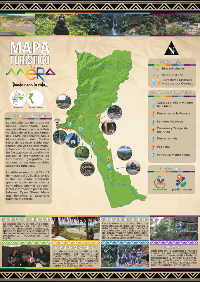 A tourist map for Mera that includes a summary of the visit, a legend, visited tourist attractions, and map markers.