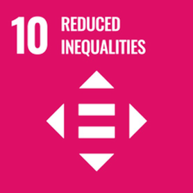 A poster with the title 10 Reduced Inequalities and a clipart image of an equals sign contains four triangles.