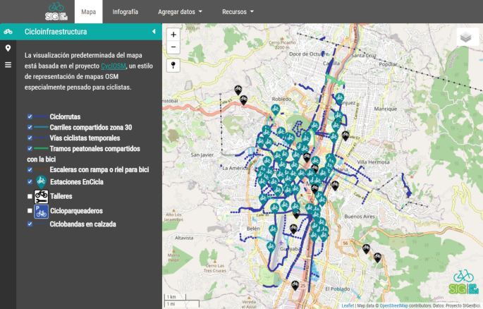 A screenshot from Cycl O S M depicts a map of Colombia with bicycle infrastructure and repair shops.