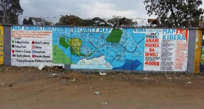 An image of a wall depicts a painting of a security map of Kibera and its corresponding features are highlighted.