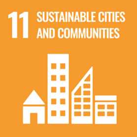 A poster titled 11 Sustainable Cities and Communities depicts four different-shaped buildings.