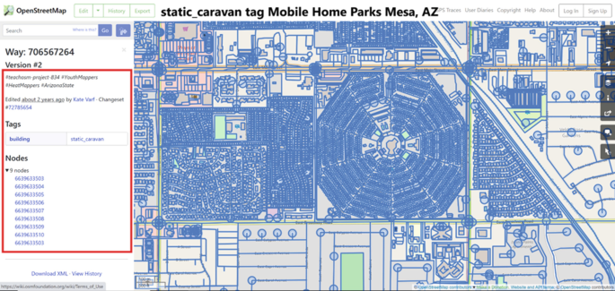 A screenshot of the Open Street Map window depicts the static caravan tag mobile home parks in Mesa, Arizona, and Way colon 706567264 with nodes listed on the left.