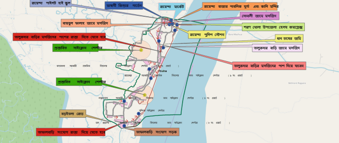 A Bengali-language map of Rayenda, Sharankhola in Bangladesh depicts the evacuation plan and depicts proposed cyclone shelters, various locations, and possible routes.