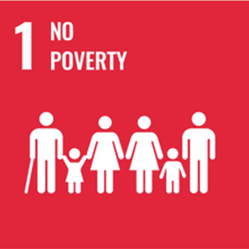 A poster titled 1, No poverty has an abstract human illustration of both genders and children holding hands as a chain.