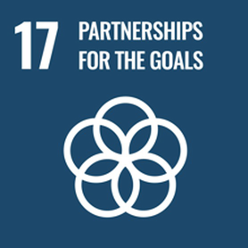 A poster titled 17, Partnerships for the goals has the logo of five circles overlapping each other.
