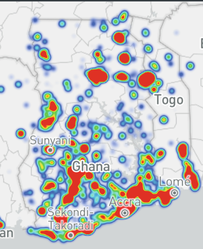 A heat map of Ghana depicts the mapping that is highlighted near the regions of Togo, Sunyani, Lome, Accra, and Sekondi Takoradi.