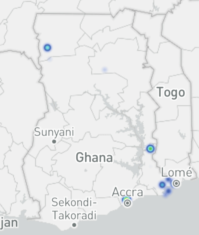 A map of Ghana illustrates that mapping is limited. The regions listed on the map are Togo, Lome, Accra, Sekondi Takoradi, and Sunyani.