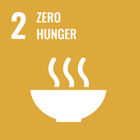 A poster is titled 2, zero hunger. A bowl with steaming food is below the title.
