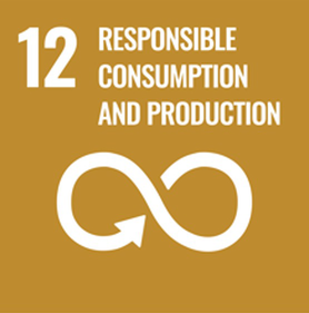 A poster is titled 12, responsible consumption and production. A looping arrow in the shape of an infinity symbol is below the title.