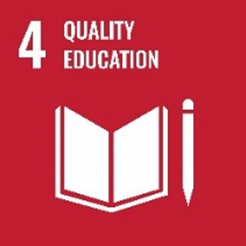 A poster titled 4 Quality Education has an illustration of an open book and a pen, below the text.