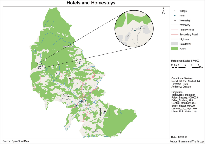 An open street map of Modi Gaupalika depicts the village, hotels, waterways, tertiary road, secondary road, highway, residential, forest, and homestays using different parameters.