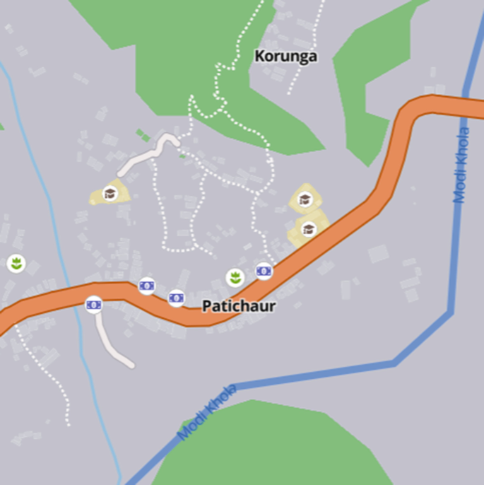 A street map depicts the Modi Khola river and a highway road near Korunga and Patichaur surrounded by residential and forest areas.