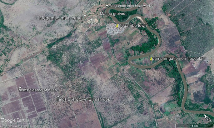 An aerial view of of the M I P scheme in January 2016 with inactive state. Mogambo main canal, Mogambo inlet headworks, mango groves, and pump irrigation on floodplain.