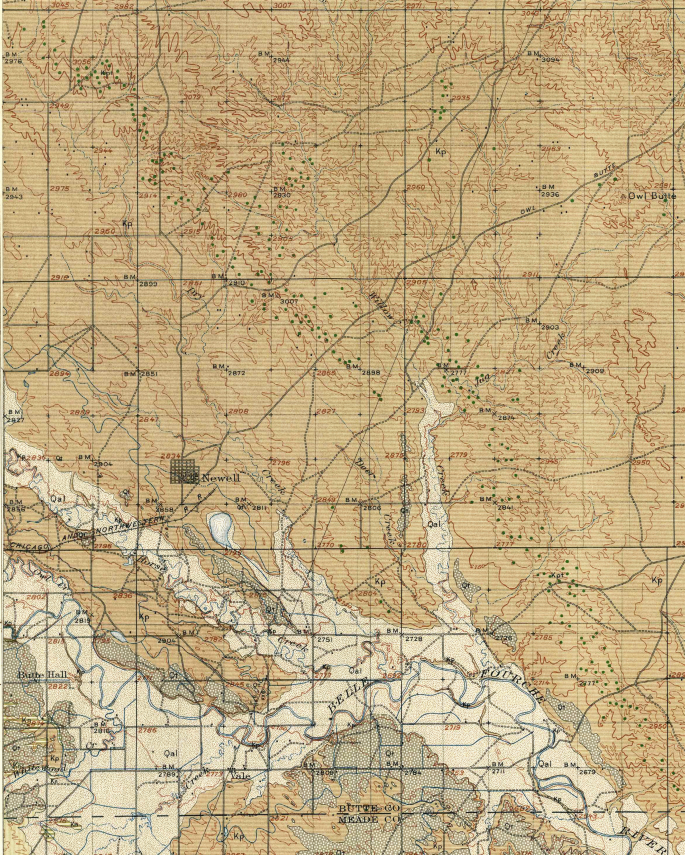 A distribution map of tepee buttes near Newell, Butte County in South Dakota. The dots represent the 45 seep deposits. The pattern is close to linear, and some deposits are packed in clusters.