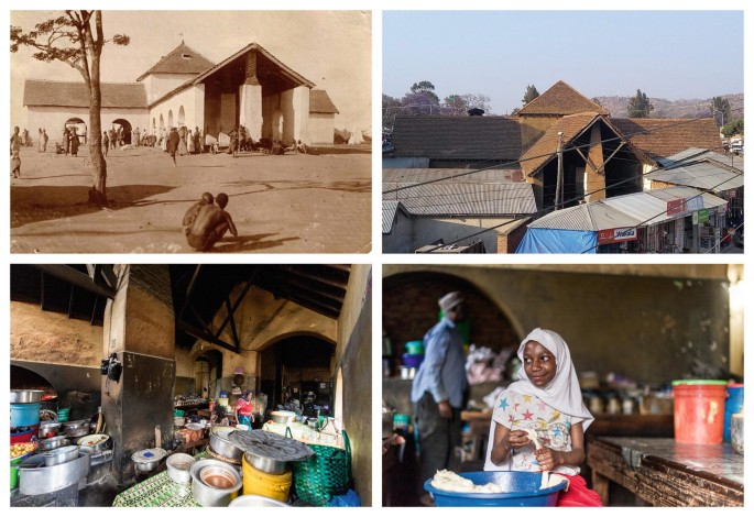 Four before and after photographs of the Old Market of Tanzania. The first image is the old picture.