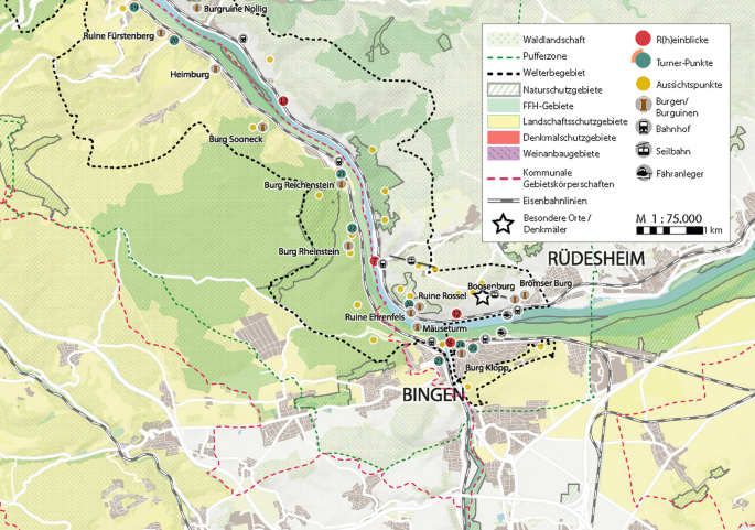 A map of Upper Middle Rhine Valley with representation for various places in a legend on the top right.