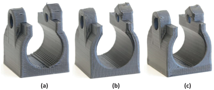 A trio of images illustrates the substantial dimensional change between layers, and increasing layer heights in areas where layers are dimensionally similar. Image a display the product created with thick layers, image b displays the product with thin layers along with the desired axis, and image c displays the product in variable layers. Three images are quite identical to each other.