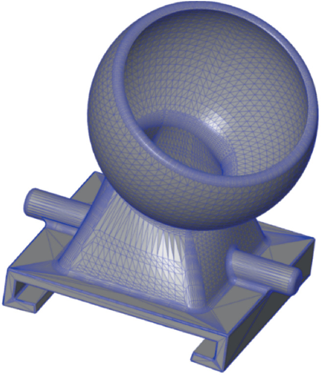 An image of a solid model of an undefined object, that is produced by a 3D computer-aided design software converted into S T L file format with tesselation, whose arbitrary surface with primitive geometric shapes without any gaps or overlaps. A cylindrical shape is positioned between the triangular shape and a pot like shape is at the top.