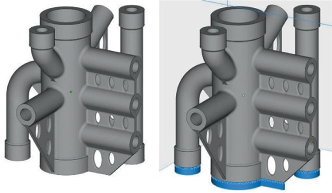 2 illustrations. 1, a manifold design of the interior of the block with permanent support structure. 2, same as the first one, but the newer version with software derived support material, which is spotted at the bottom.