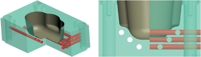 The illustration of a conventional tooling mould and in the adjacent image the cavities are shown on either side of the mould.