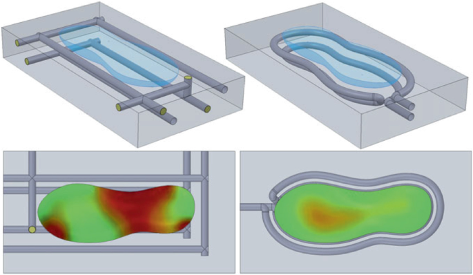 The image of a conventional cooling channel is rectangular but the area of heat distribution is only peanut-shaped with lots of space empty while the conformal cooling channels in the insert are peanut-shaped thus the heat is dissipated only in that area.
