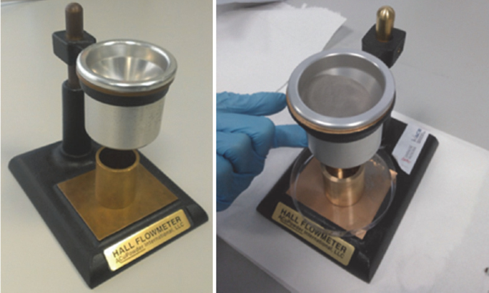 A set of photos of hall flow rate equipment. The first image is the side view of the equipment, with a tumbler connected to a filament, with a broad base. The second image is the top view of the same equipment. A person is touching on the tumbler.