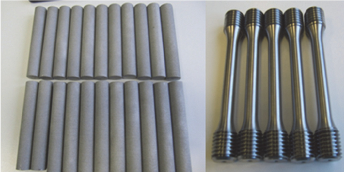 A set of 2 photos which has 2 rows of 11 vertically aligned pipes, one row placed over the other. The second photo is of 5 pipes, each having wider ends, and narrow middle portion, aligned vertically.