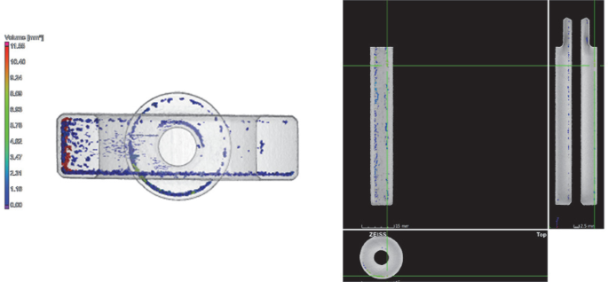 A graphical representation of porosity detection. A scale is placed at the left, followed by a horizontally aligned rectangular strip, with a hole in the middle. The hole is encircled and highlighted. An X ray image is provided on the right, where a rectangle and circular structures are placed against a dark background.