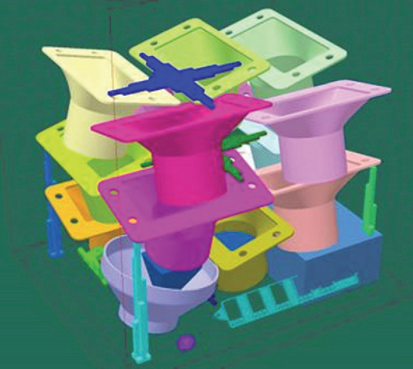 A graphical illustration of the example of high grade of packing. Different objects are stacked on top of the other, as 3 layers. The packing is non uniform. The background of an image is in green color.